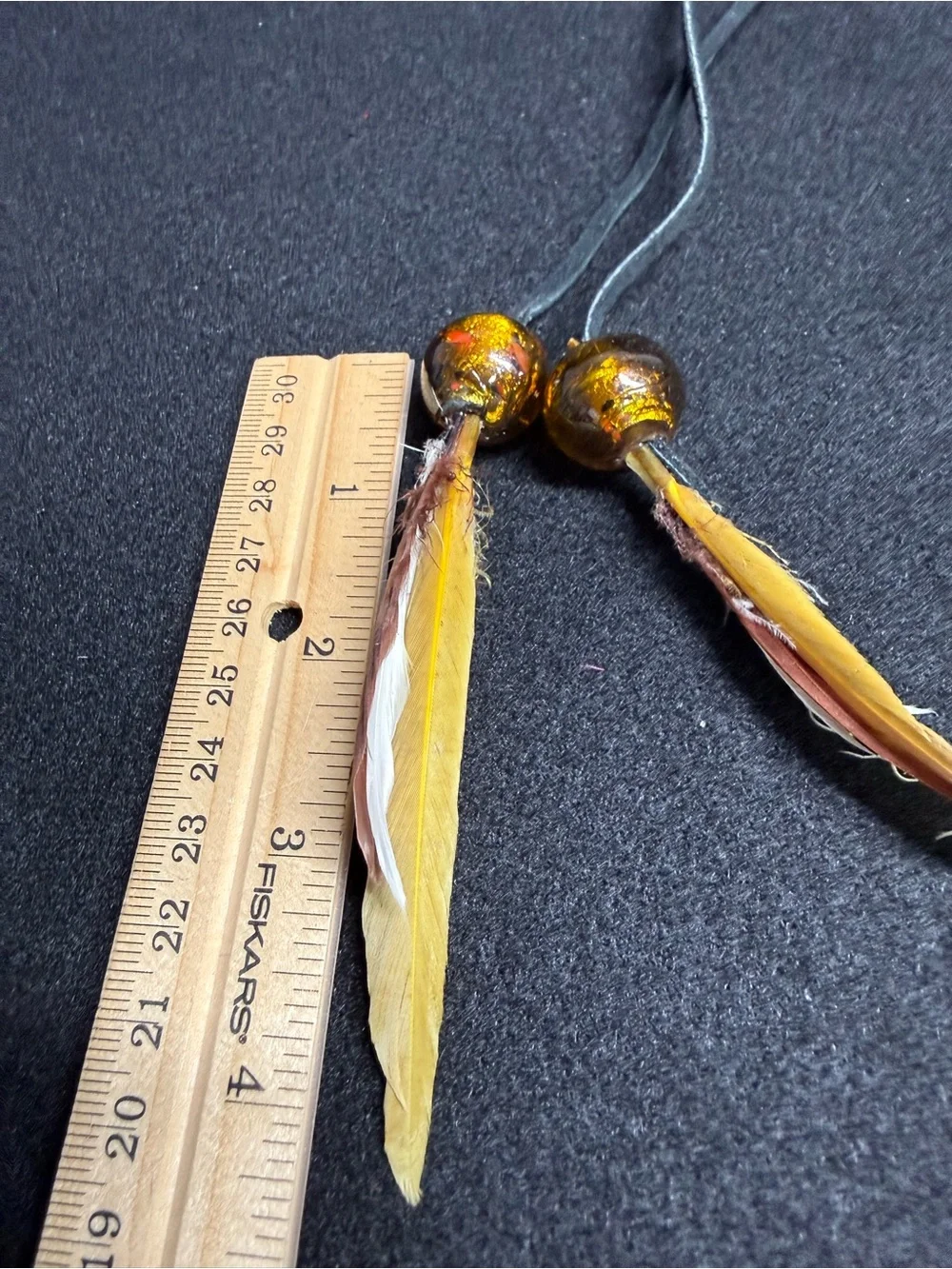 Vintage Italian Amber Look Beaded Leather Cord Lariat Necklace Feather Pendant